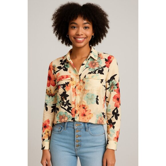 New York & Company Floral Sheer Button Down Blouse Top XS Long Sleeve Collared - Picture 1 of 5